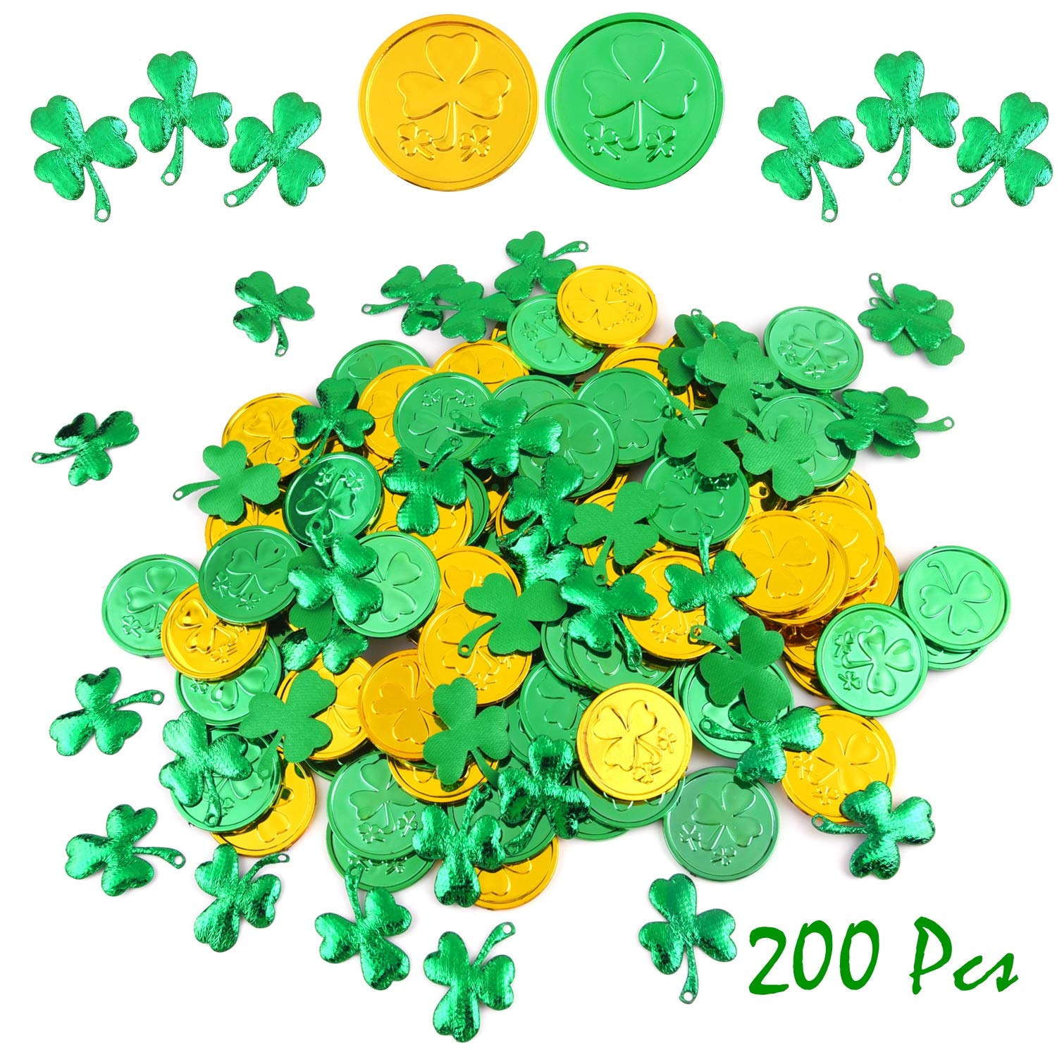 FEPITO 200PCS St. Patrick's Day Shamrock Coins & Confetti Decorations, Green & Gold Lucky Clover Shamrock Plastic Coins & PVC Confetti for St. Patrick's Day Party Favors