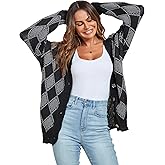 ZAFUL Argyle Plaid Cardigan for Women Button Down Long Sleeve Open Front Warm Preppy Sweaters Black M
