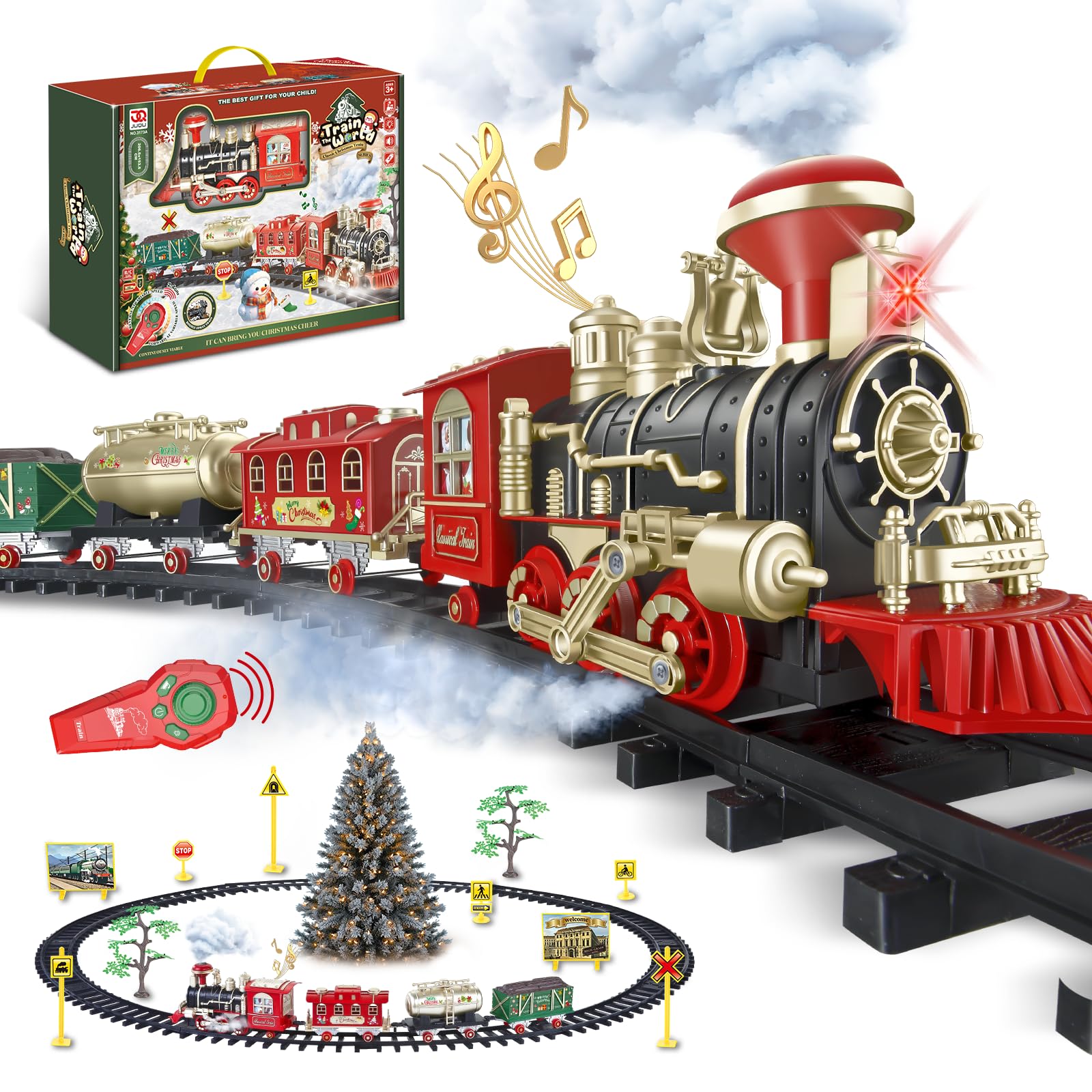 Photo 1 of JUQU Train Set, Extra Large Christmas Train Set with Remote Control, Luxury Toy Train w/Lights, Sounds, 4 Speeds & 2 Smoke Outlets, Rechargeable Battery-Powered Train Toys Gifts for Kids 3 4 5 6 7 8+
