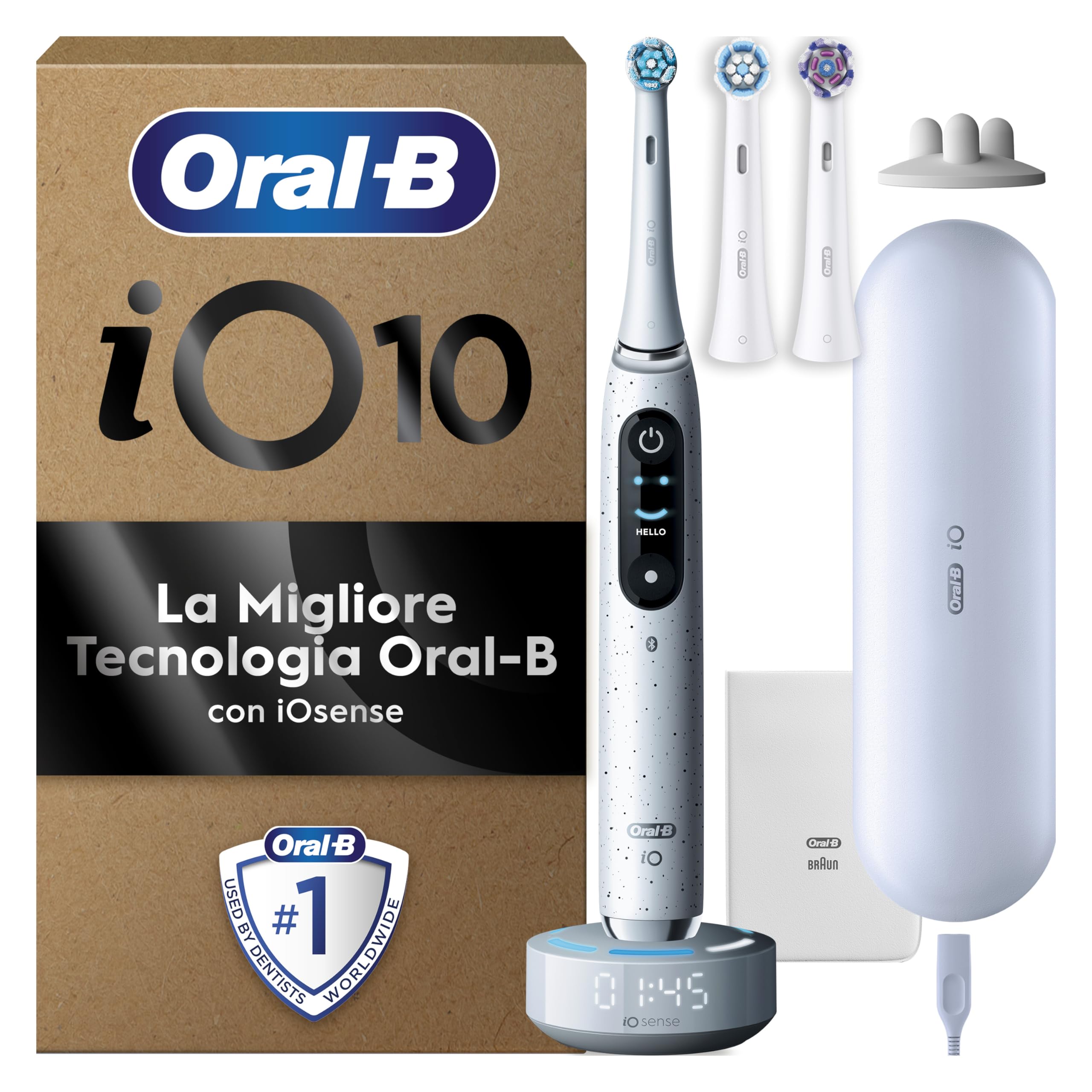 Oral-B Spazzolino Elettrico Ricaricabile iO 10 Bianco, 1 Spazzolino Elettrico, 3 Testine di Ricambio, Custodia Da Viaggio Ricaricabile, iO 10, Pulizia Denti, Sensore di Pressione, Gengive Protette