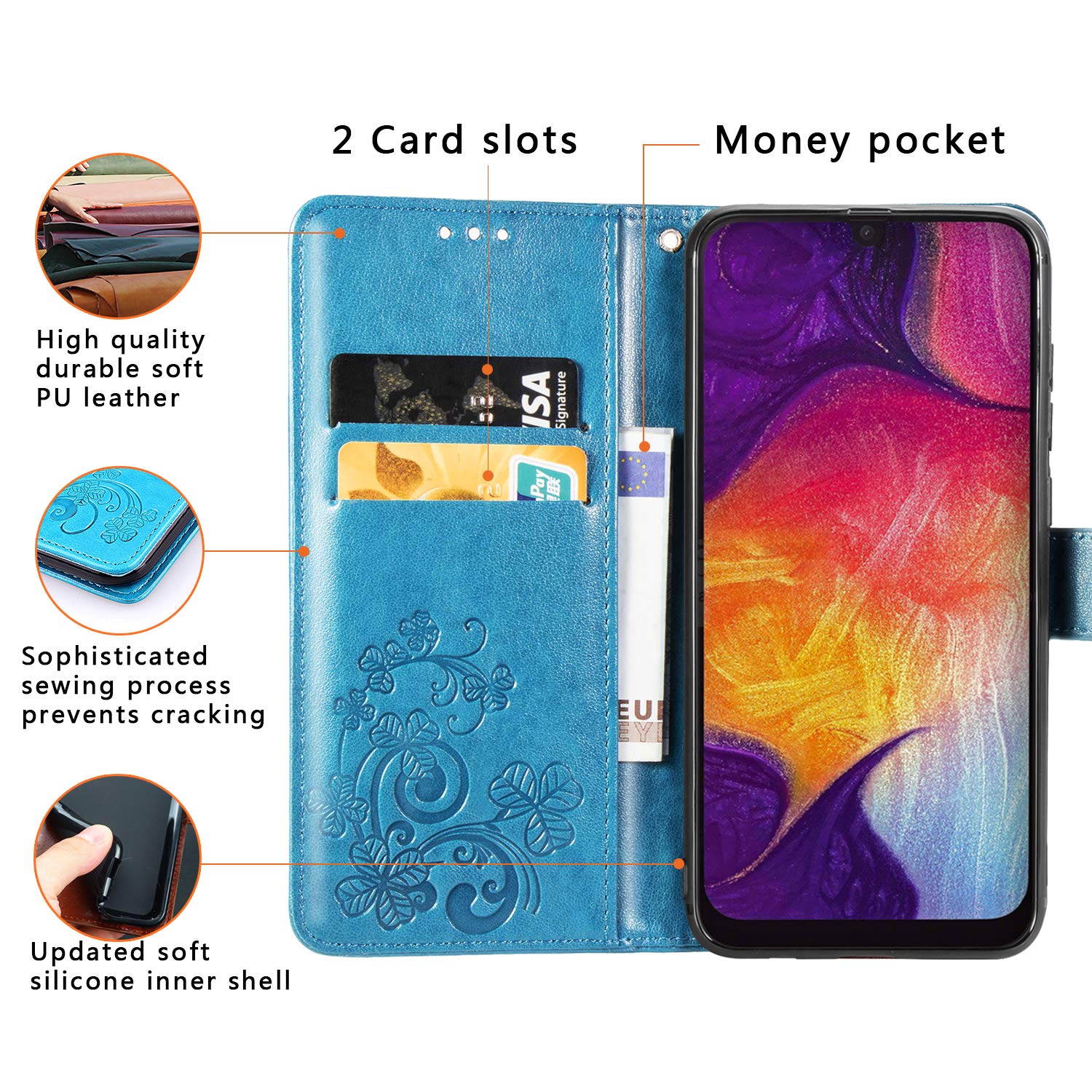 Halnziye Case for Samsung Galaxy A50, Magnetic Closure Soft TPU Flip Leather Wallet Phone Case with Kickstand Card Slots Designed for Samsung Galaxy A50 Cover - Blue