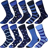 Velmitten 10 Pairs Dress Socks for Men Navy Blue Assorted Pattern Business Casual Soft Crew Calf Socks for Men Shoe Size 9-12