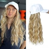 Yunkang Baseball Cap Wig Long Natural Wave Hair Extensions With White Hat Heat Resistant Synthetic Mix Honey blonde Fiber Hairpieces Adjustable Wavy Wig for Women Girls