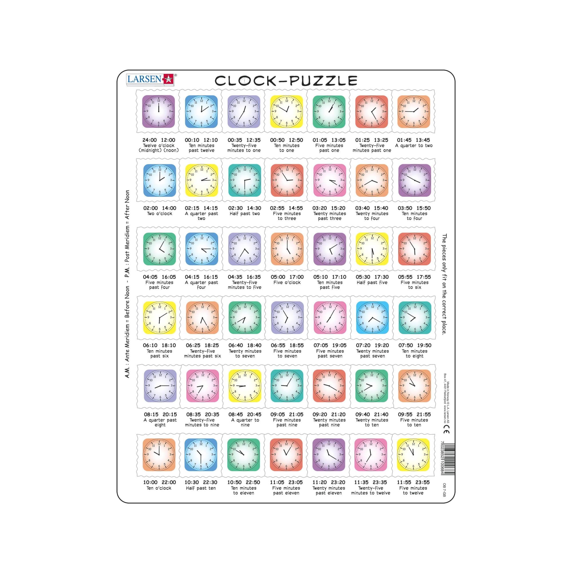 Larsen OB7 “Learn the Clock” - 42-Piece Tray Jigsaw Puzzle (Ages 4+), Teaches Analogue & Digital Time, Self-Correcting Pieces