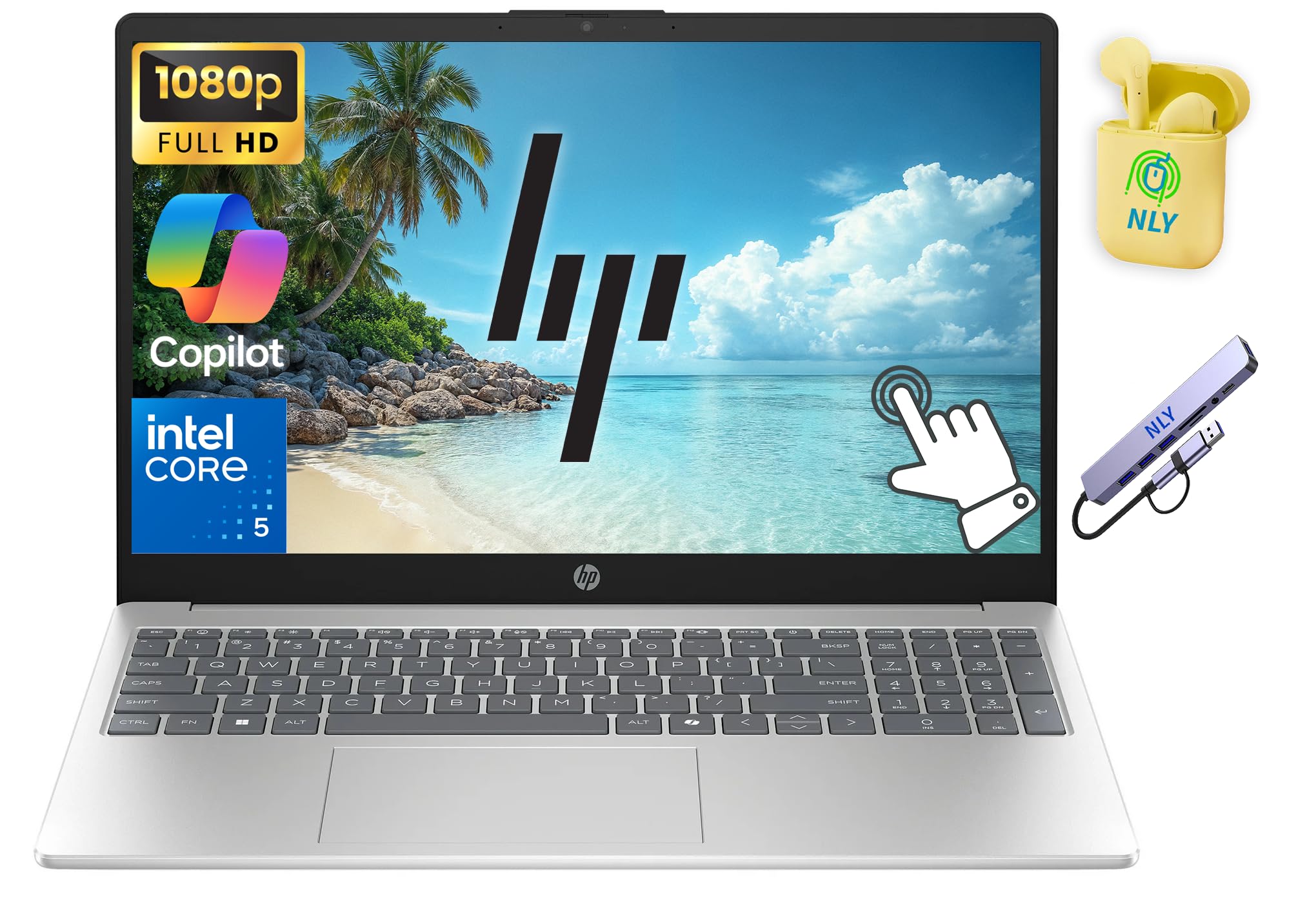HP 15.6" FHD Touchscreen Business Laptop Computer, Intel 10-Core i5 Processor, 16GB RAM 512GB Storage (256GB SSD+256GB Docking Set), Windows 11, Numeric Keypad, NLY Earphones, Natural Silver