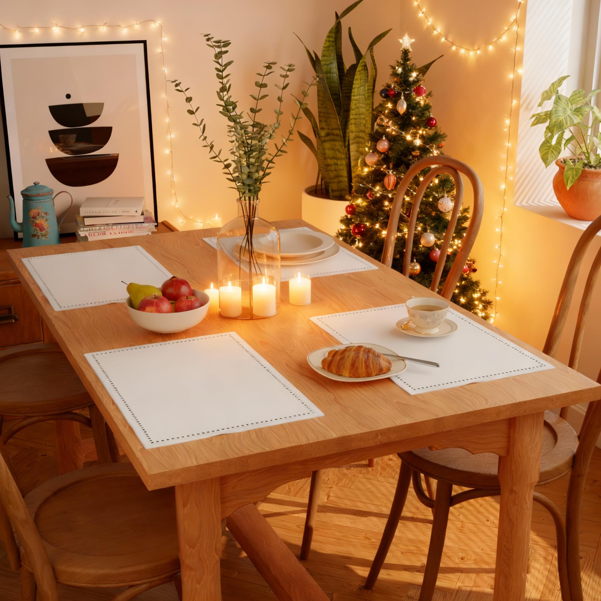 Encasa XO Placemats Set of 4 | Pure Cotton Hemstitched Design | White | Rectangular 48x32 cm - Dining Table Mat | Machine Washable — image 1