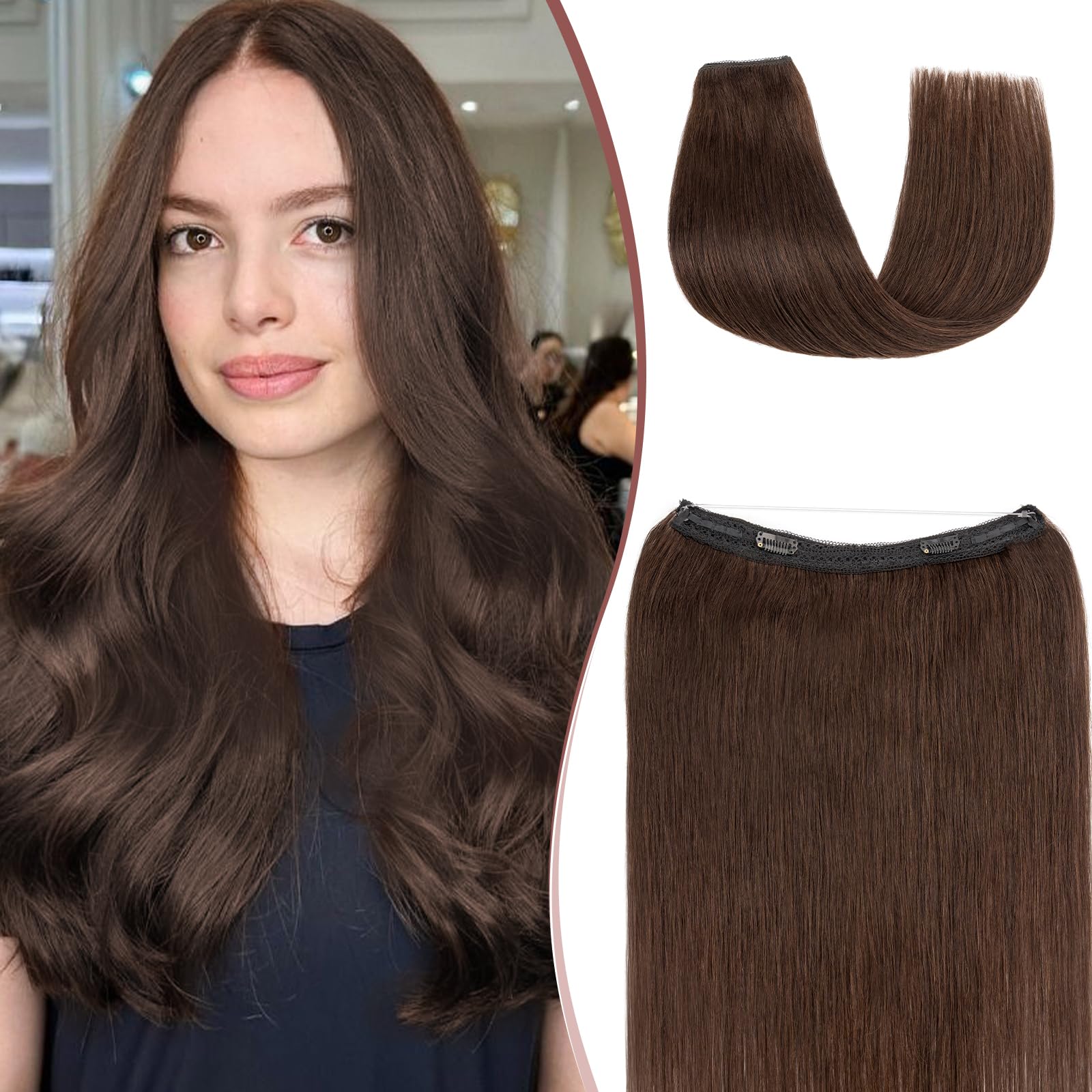SEGOHAIR Halo Hair Extension Real Human Hair, 12 Inch 80g Straight One Piece Invisible Secret Wire Extensions Dark Brown Headband Remy Human Hair Perfect for Added Length & Volume