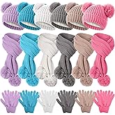 ShinyMatch 18 Pcs Kids Hat Gloves Scarf Winter Set, 6 Color for 5-10 Girl Boy Knit Beanie with Pom Fleece Neck Warmer Mittens