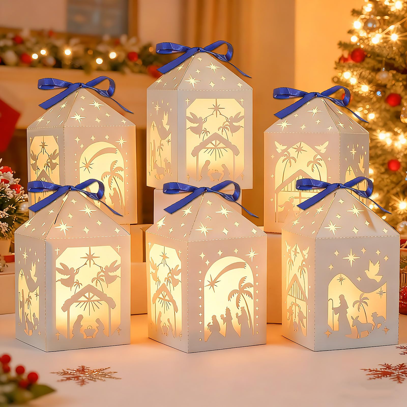 Photo 1 of 12Sets Christmas Decorations Nativity Scene Centerpieces for Table Christian Paper Lantern Boxes Christmas Table Ideas Decor The Birth of Jesus Decor for Xmas Centerpiece Indoor Outdoor Party Supply