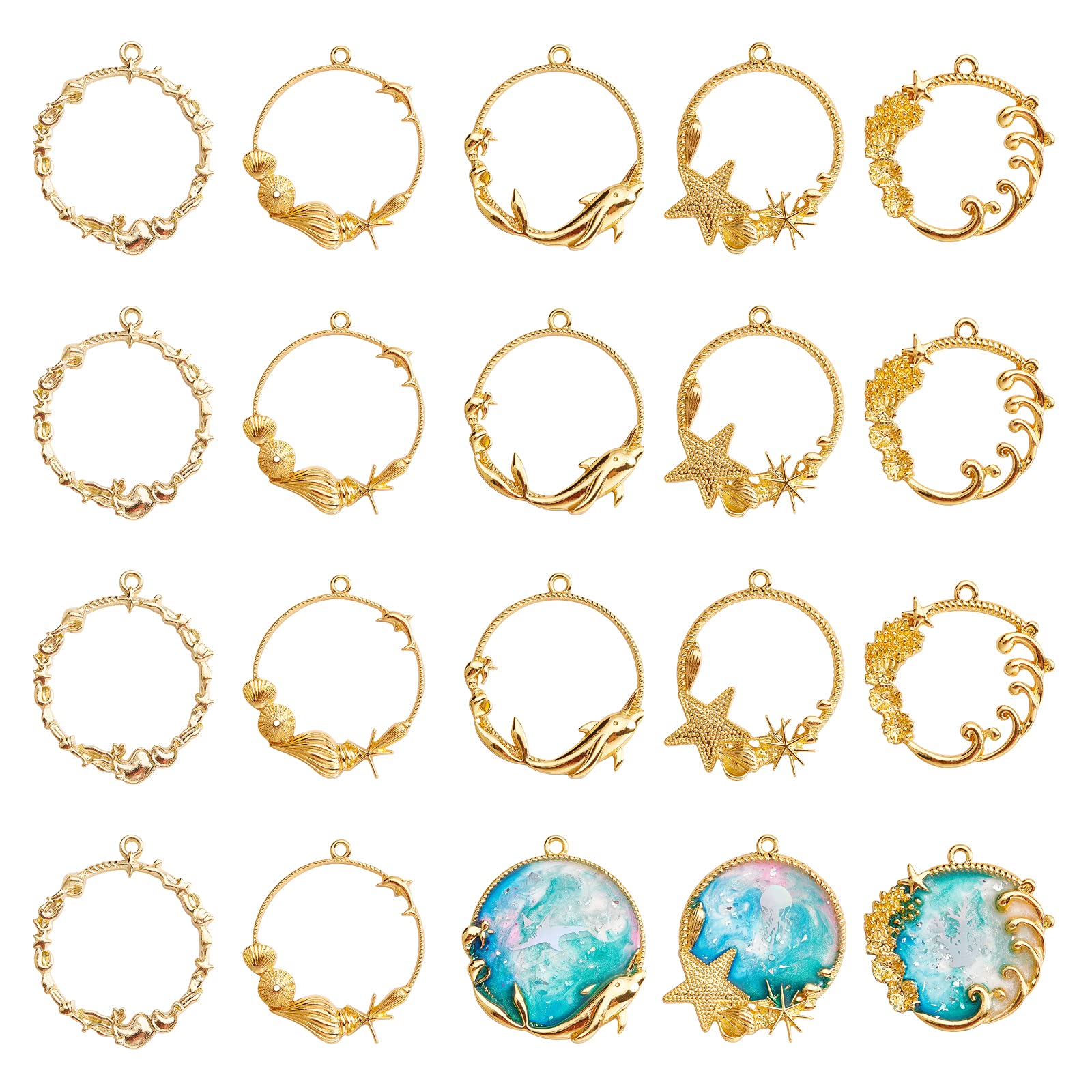 OLYCRAFT 20pcs Sea Theme Open Bezel Charms 5-Style Alloy Frame Pendants Summer Theme Color-Lasting Hollow Resin Frames with Loop for Resin Jewelry Making - Gold