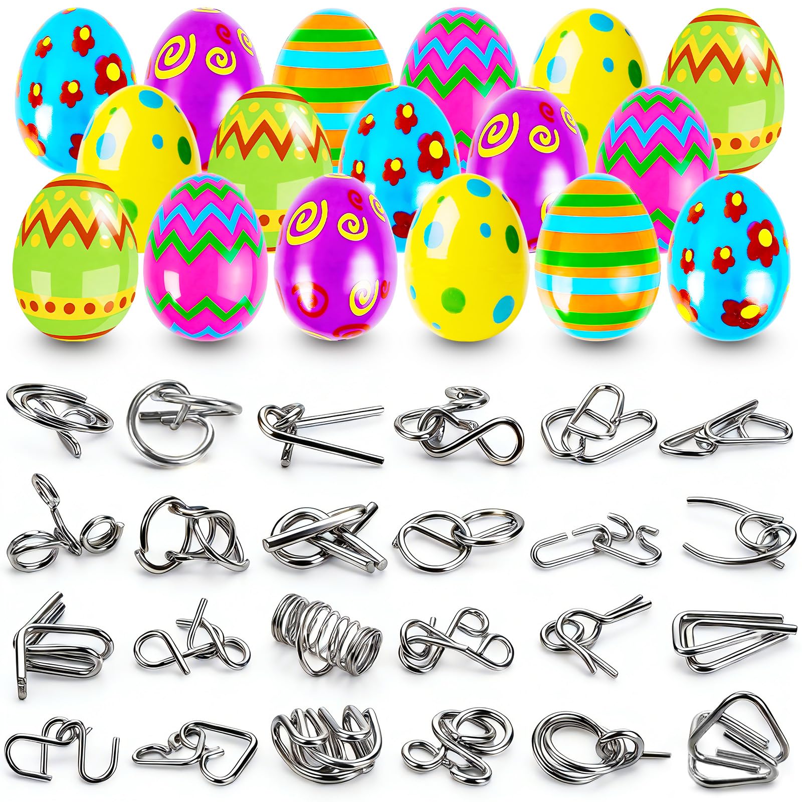 SHALLONLY 24 Pcs Prefilled Easter Eggs with Brain Teaser Puzzles Toys for Kids,Easter Basket Stuffers Filled with Metal Montessori Solving Bulk 3D Unlock Logic Gifts for Boys Girls,Party Favors