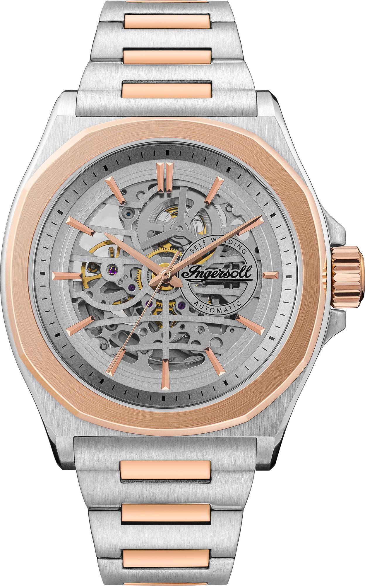 Ingersoll The Orville Mens 42mm Automatic Watch in Silver with Analogue Display, and Silver/Rose Gold Stainless Steel Strap I09304.