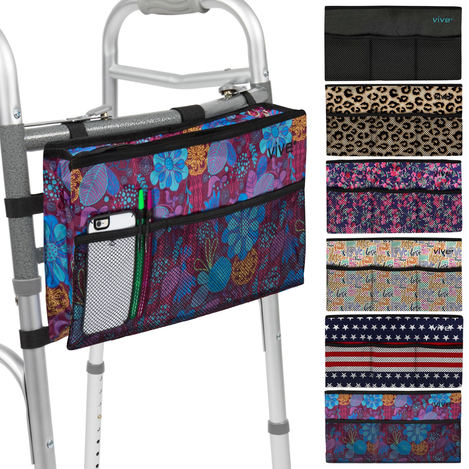 Vive Wheelchair Zimmer Frame Bag - Water Resistant Accessory Basket Provides Hands Free Storage for Folding Walkers - Attachment Fits Wide (Purple Floral)