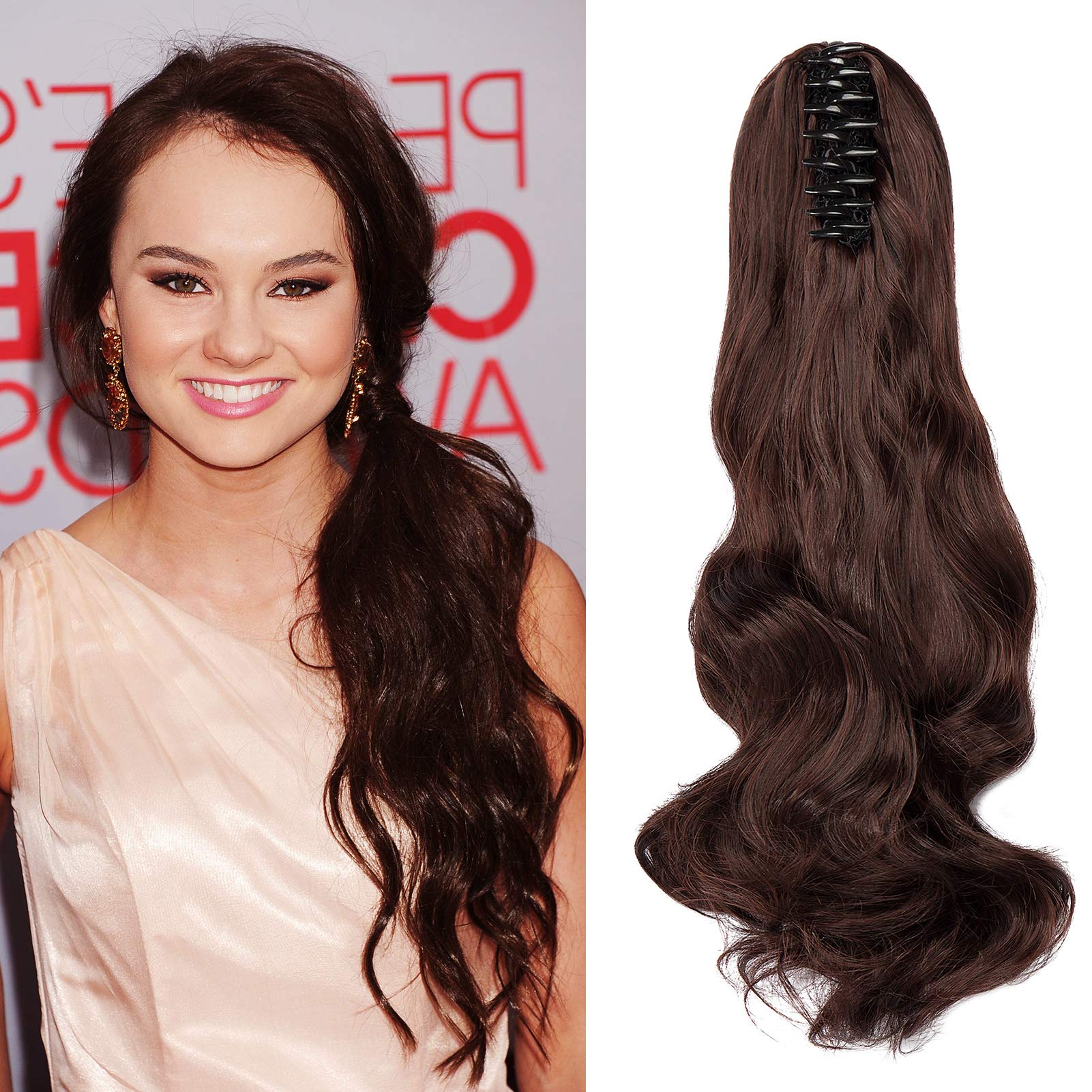 Cybelleza Ponytail Extension Curly Wavy Claw Jaw Pony Tail One Piece Clip in Hair Extensions Hairpiece Synthetic Long Natural for Women (Dark Brown&Dark Auburn) — image 1