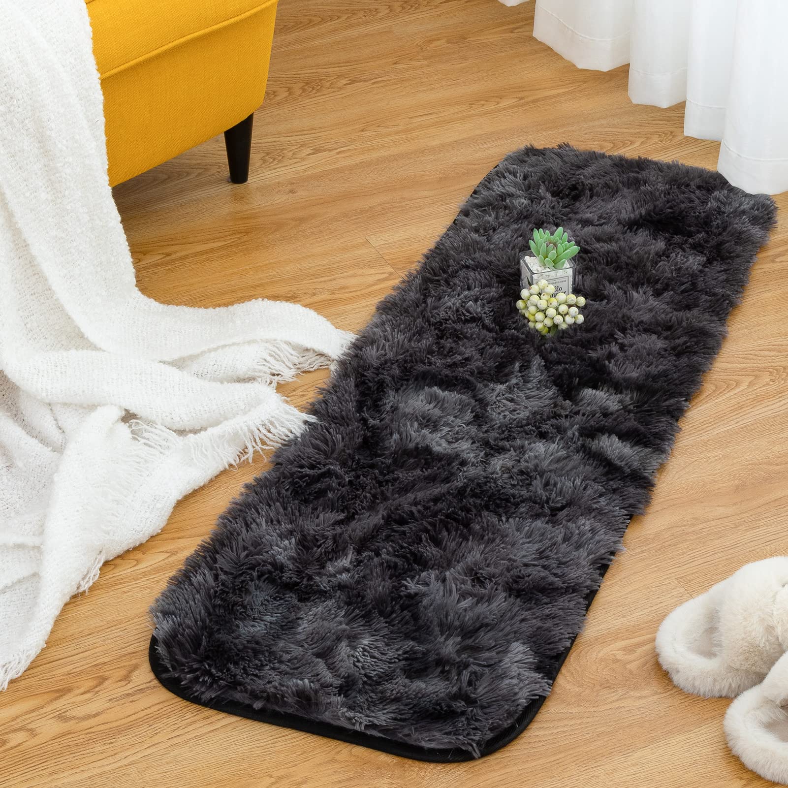 CHOSHOME Fluffy Shaggy Rugs Living Room - Soft Plush Modern Floor Carpet - Non Slip Non Shedding Bedside Area Rug for Kids Room, Bedroom, Nursery, Lounge - Tie-dye Dark Grey, 40x120 cm