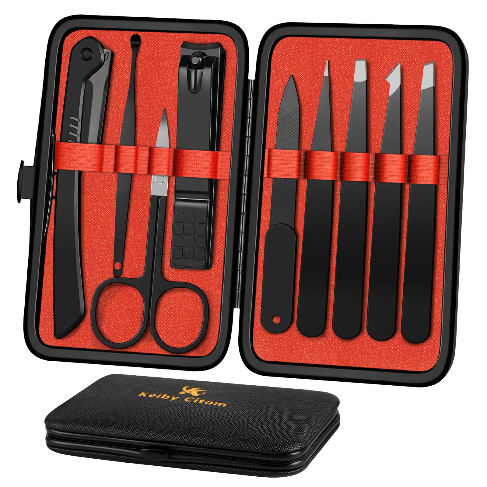 Tweezers and Nail Clippers Set 9 Pcs Precision Tweezers Kit-Stainless Steel Eyebrow Plucker with Curved Scissor and Eyebrow Razor for Daily Beauty Tools with Leather Case（Black/Red）