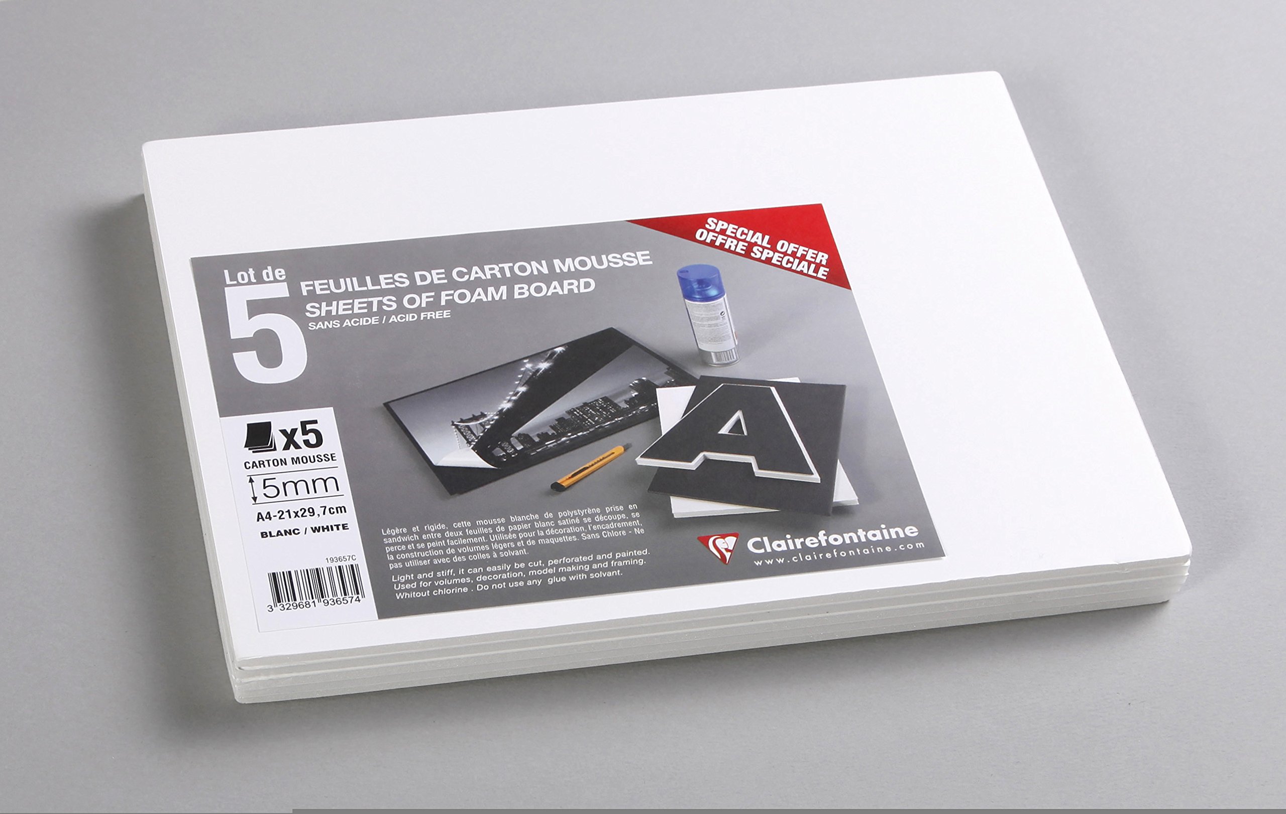 Clairefontaine - Ref 193657C - Foam Board (Pack of 5 Sheets) - A4 (297 x 210mm) in Size, 5mm Thick, Light & Stiff - Suitable for Decoration, Framing & Model-Making