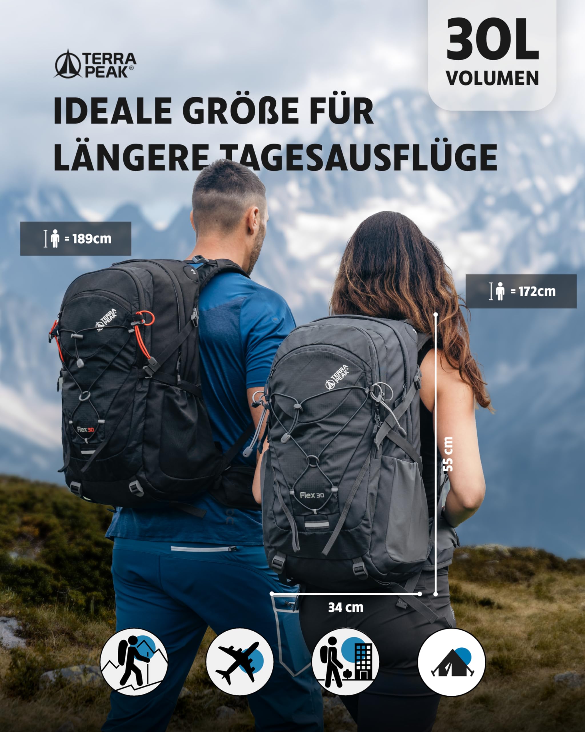 Terra Peak® Premium Wanderrucksack 30L (FLEX 30) Damen Herren & Erwachsene mittel schwarz - Trekking-Rucksack wasserdicht - Daypack Rucksack & Tagesrucksack Trinksystem & Rückenbelüftung zum Wandern 2