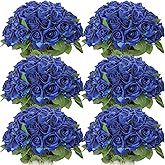 Jexine 50 Pcs Artificial Rose Flower Bulk Realistic Silk Fake Roses with Long Stem Plastic Artificial Flower Bouquet Real Looking for Home Wedding Centerpieces Party Decoration(Blue)