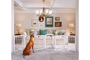 JSB 144-inch Extra Wide 30-inch Tall Dog gate with Door Walk Through, Freestanding Pet Gate for Halls, Stairs & Home, Pet Puppy Safety Dog Fence with 2PCS Support Feet (White)