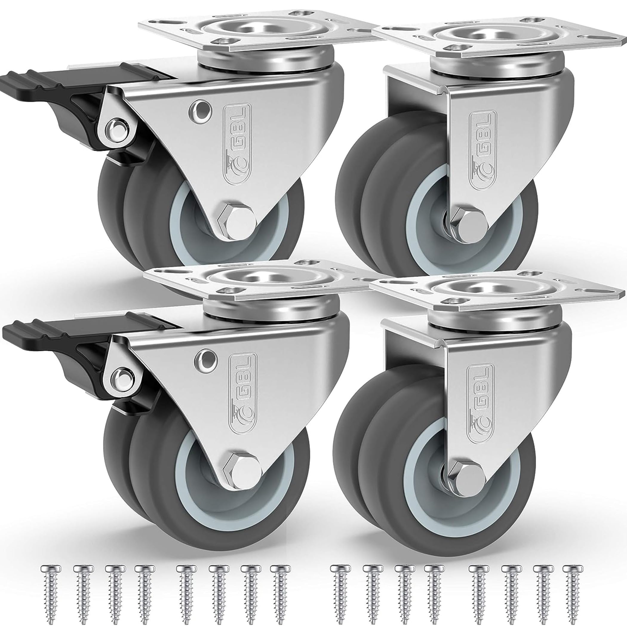 GBL Heavy Duty Castor Wheels - Set of 4 50mm (2") Castors - Rubber Swivel Trolley Wheels for Furniture - Lockable Caster With Brakes - Outdoor Casters - Wheel for Appliance or Bed