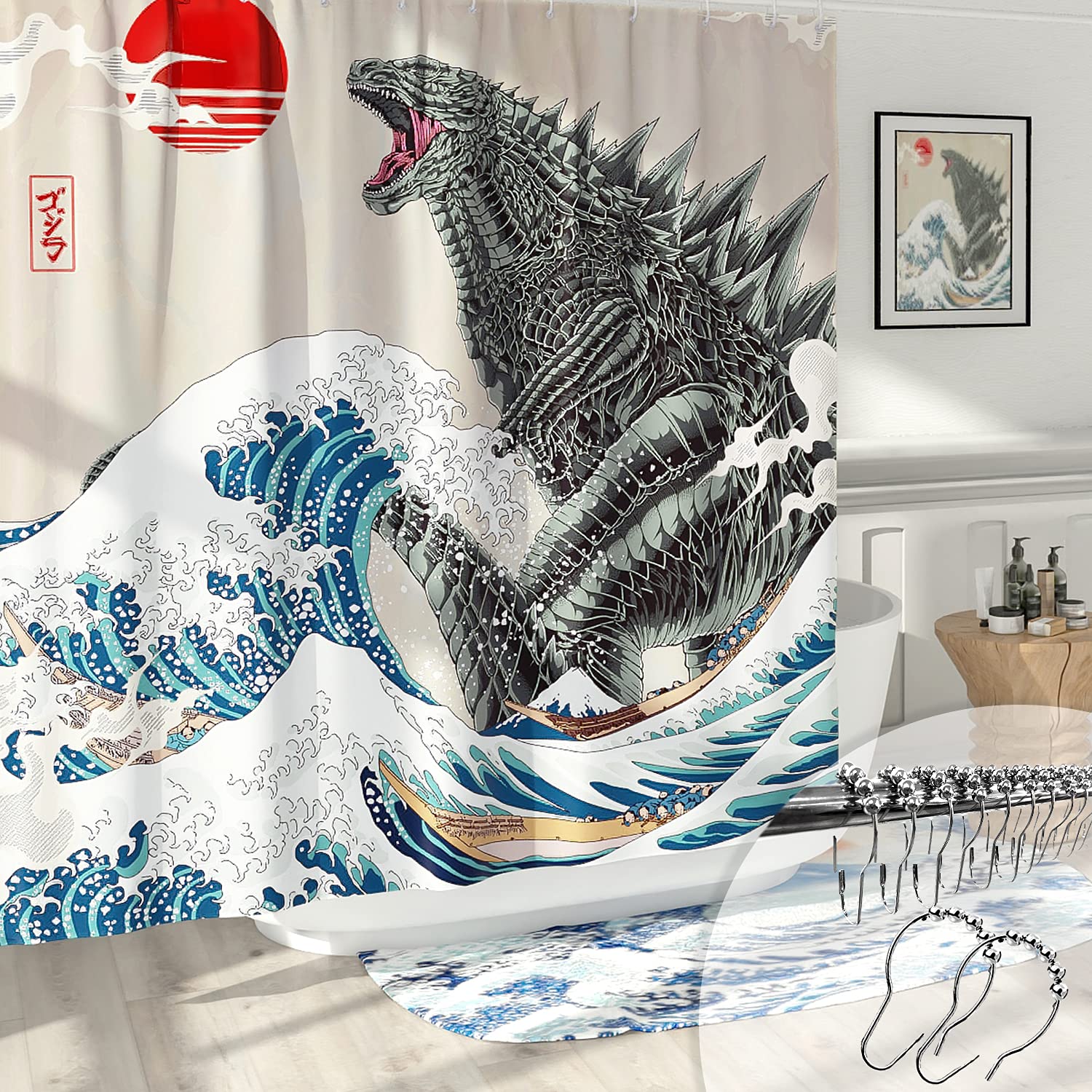DESIHOM Funny Shower Curtains for Bathroom Anime Monster Dinosaur Shower Curtain Cool Asian Japanese Shower Curtain Polyester Fabric-72'' x 72'', Multicolor