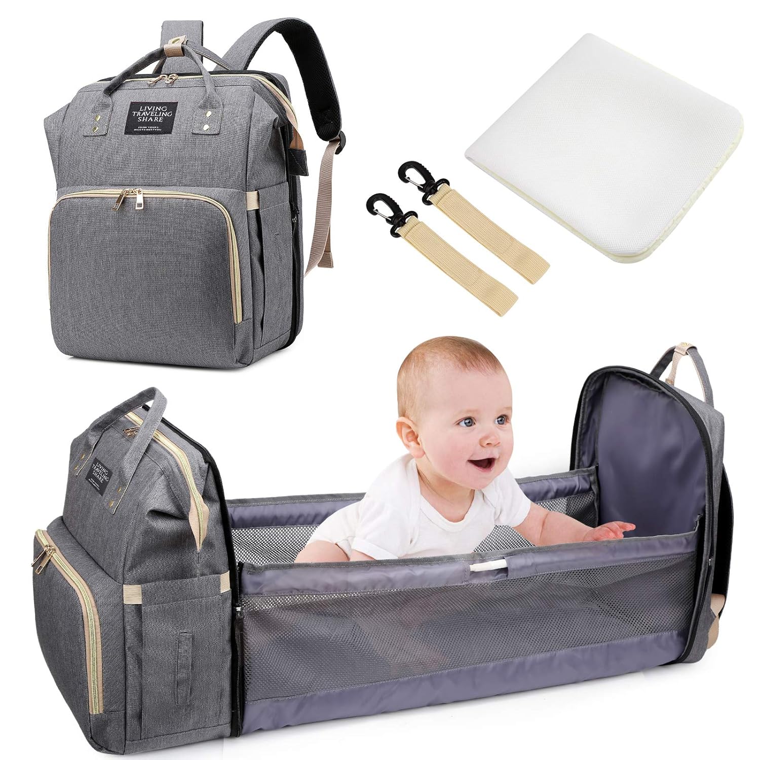 Baby Wickeltaschen, Uiter Tragbar Baby Reisebett Krippe Wickeltasche Rucksack Multifunktions wasserdicht mit Wickelauflage Telefon Ladeanschluss Kinderwagenhaken viele Fächer