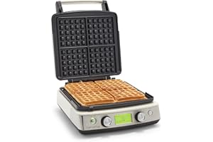 GreenPan Elite 4-Square Belgian & Classic Waffle Iron, Healthy Ceramic Nonstick Aluminum Dishwasher Safe Plates, Adjustable Shade/Crunch Control, Wont Overflow, Easy Cleanup Breakfast, PFAS-Free,White