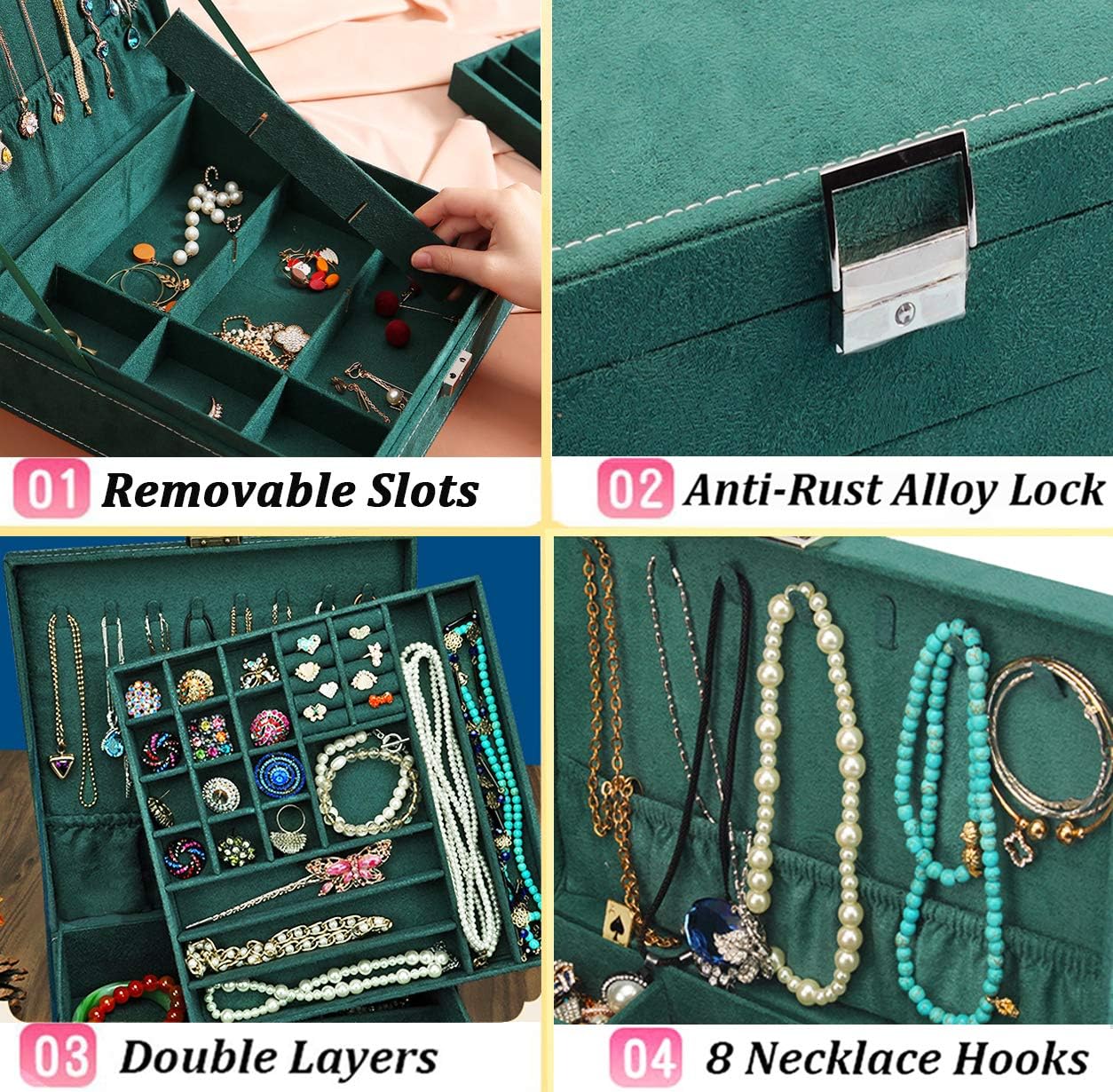 Jewelry Box for Women Girls, QBeel 2 Layer 36 Compartments Necklace Jewelry Organizer Box with Lock Jewelry Holder Display Storage Case for Earrings Bracelets Rings - Green: Home Improvement