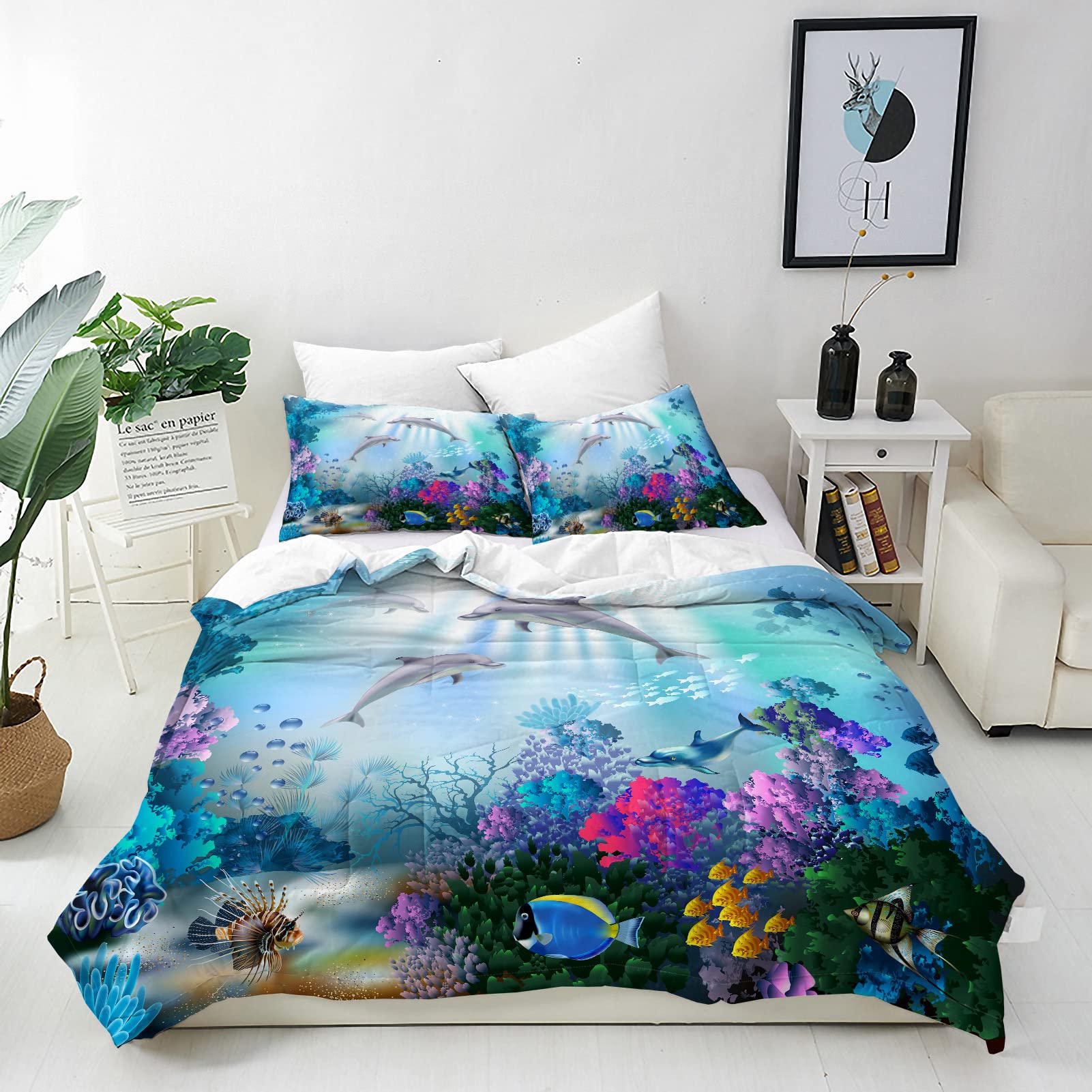 ANHOPE Dolphin Duvet Cover Set Soft Lightweight 3Pcs Bedding Set with 2 Pillowcase Ocean Underwater Tropical Fish Dolphin Print Pattern Kids Boys Girls Quilt Cover with Zipper Closure Single Size — image 1
