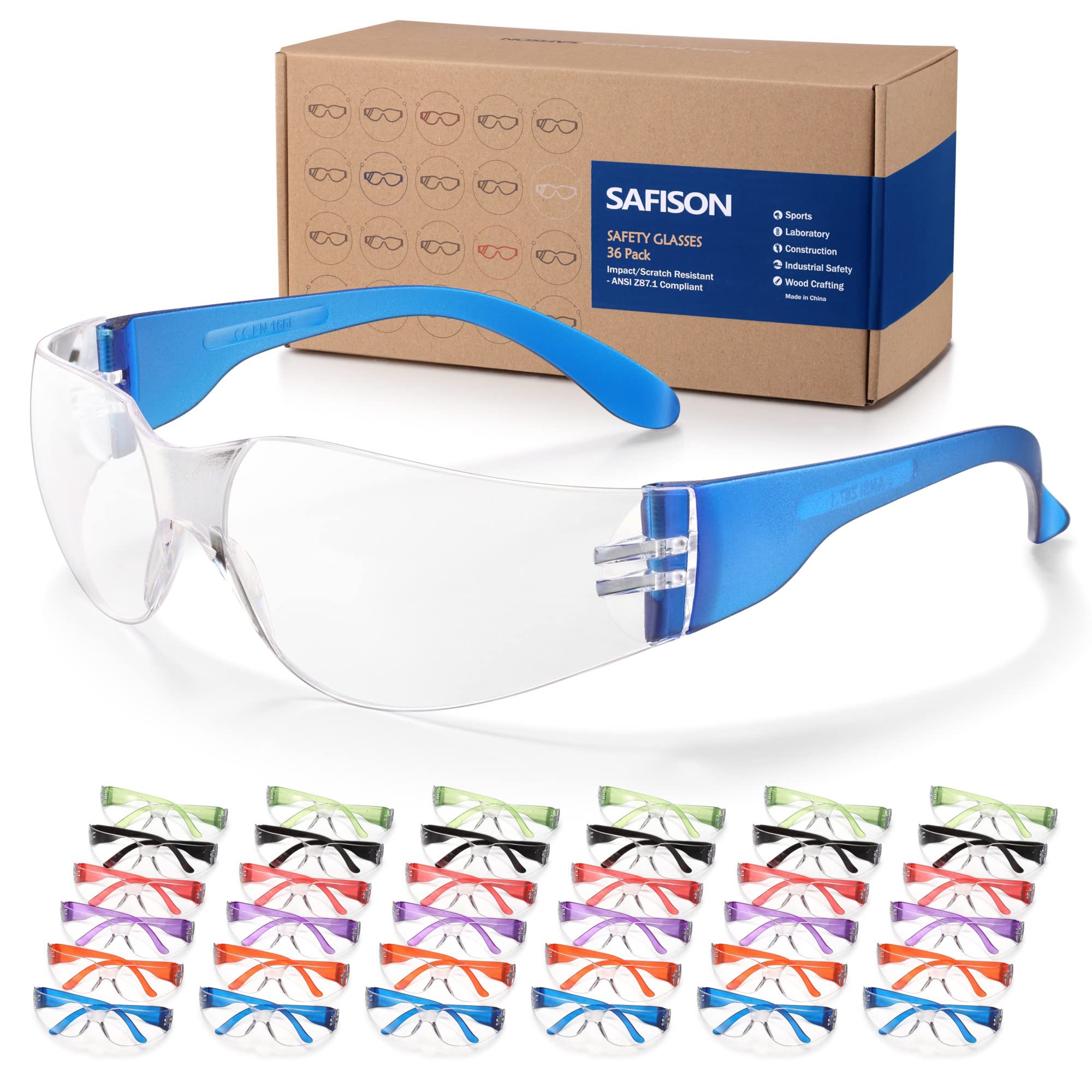 Photo 1 of SAFISON 36 Pack Safety Glasses Bulk, ANSI Z87.1 Protective Eyewear, Scratch & Impact Resistant Protective Glasses with 6-Color Frames, Perfect for Construction, Nerf, Shooting and Lab