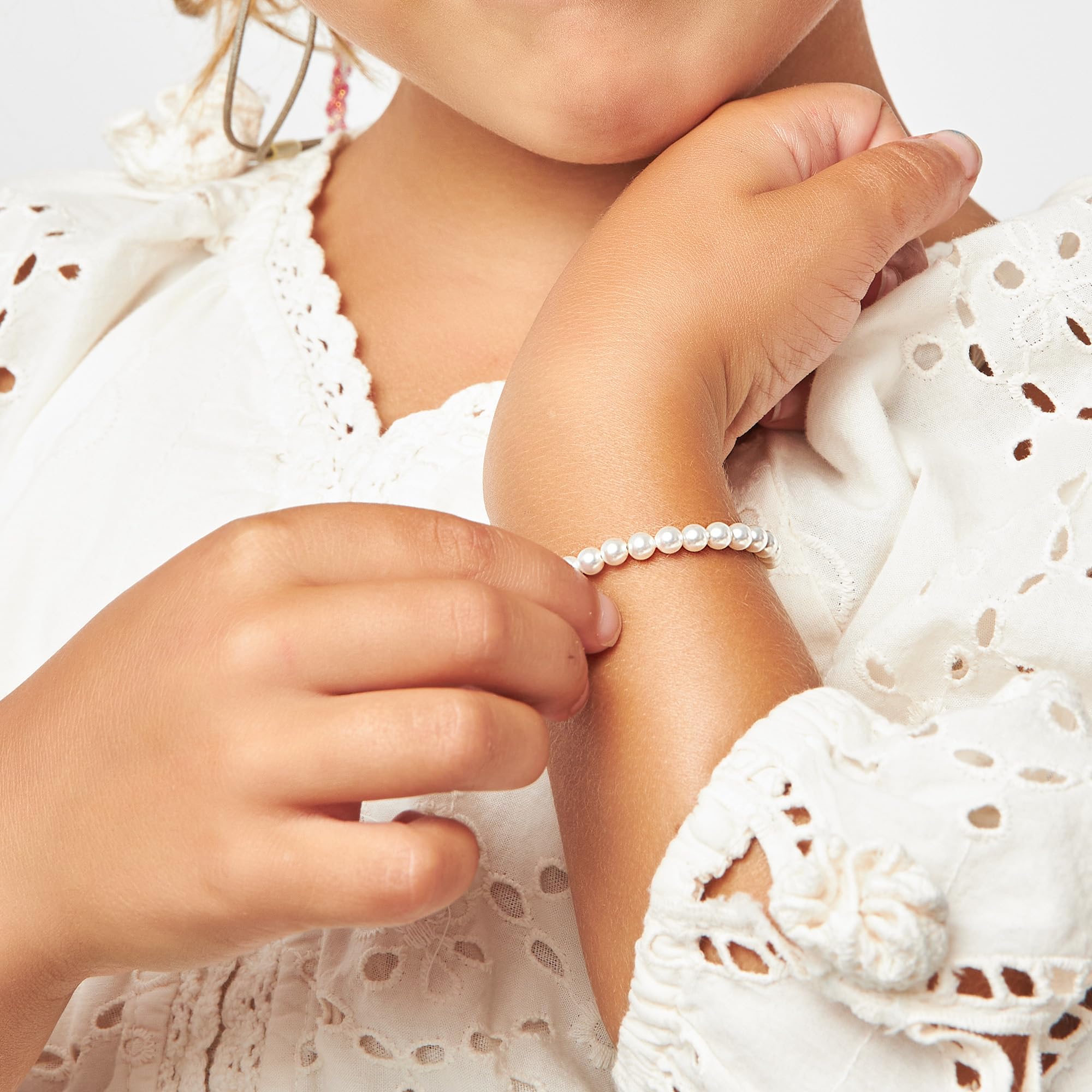 Baby Crystals Delicate Sterling Silver Bracelets for Girls with High End White European Simulated Pearls, Elegant Girls Jewelry, Pearl Bracelet for Birthday Gifts Flower Girls