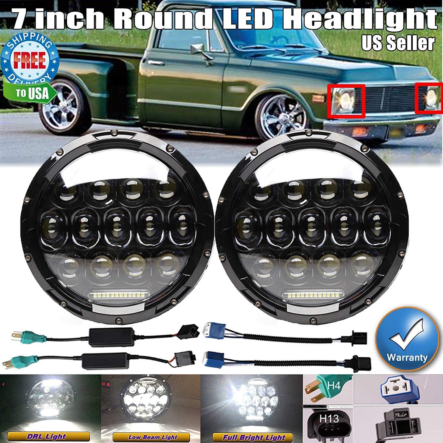 Pair 7 Inch Round LED Headlights For 1975-1980 Chevrolet C10 Suburban/Chevy C20 / Chevrolet C30, Sealed Beam Bright Car/Truck Lighting Conversion Kit H6024 High-Low Beam DRL Lights