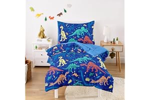 Wake In Cloud - Dinosaur Toddler Bedding Set for Boys, Colorful Dino Prehistoric Fossil, 4 Pieces Soft Crib Bed Set Including Comforter, Sheets and Pillowcase, Navy Blue