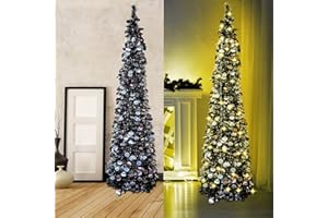 Black Halloween Christmas Tree with 50 Lights,5ft Pop Up Artificial Collapsible Pencil Tinsel Trees for Bedroom Decorations Holiday Party WOKEISE