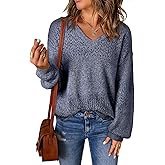 SHEWIN Women's Sweaters Casual Long Sleeve V Neck Crewneck Lightweight Crochet Pullover Sweater Tops