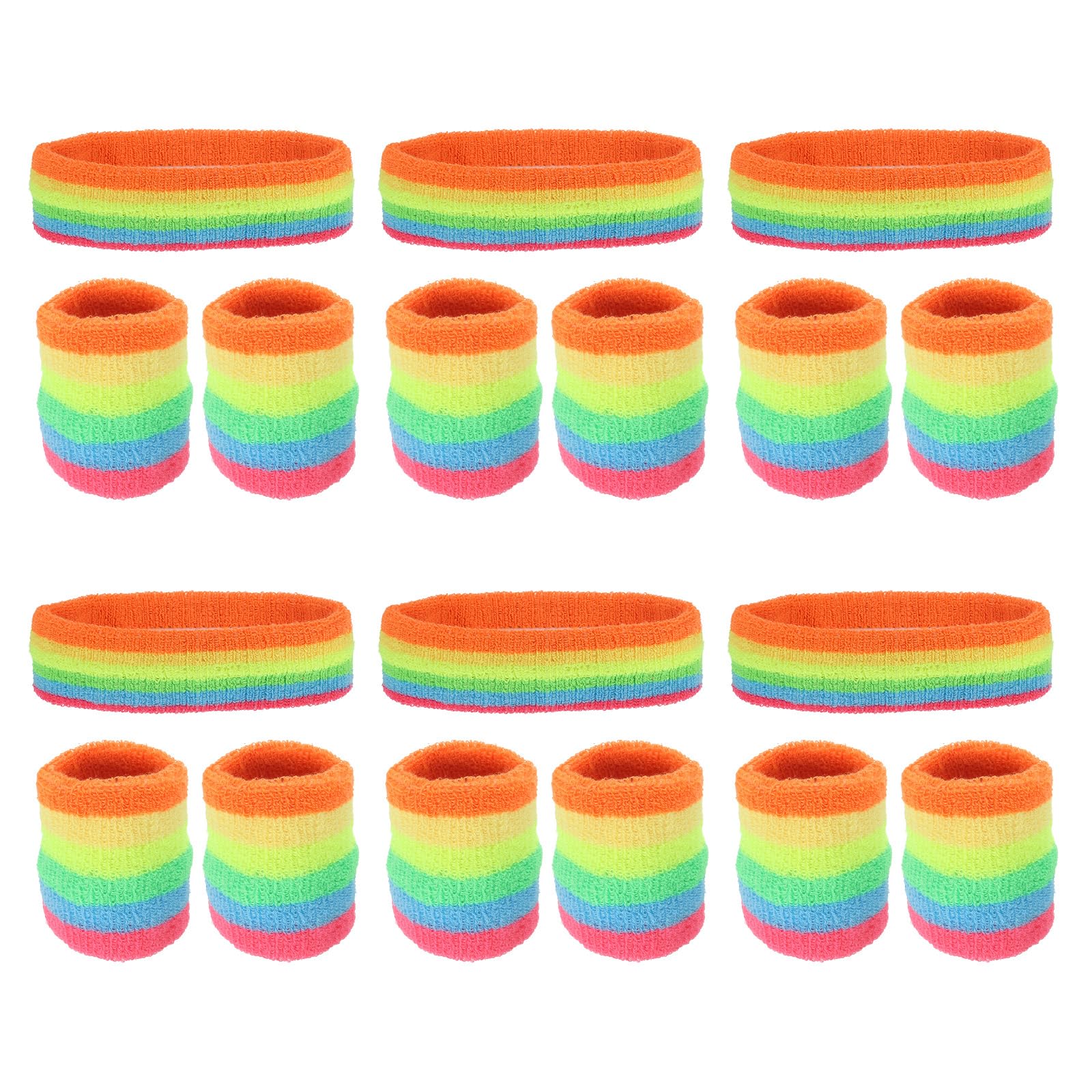 PATIKIL Sweatbands Headband Wristband, 6 Set/18Pcs Sweatband Terry Cloth for Sports Basketball Tennis Athletic Gym Working Out, Bright Rainbow