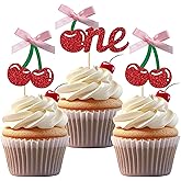 24 Pack Cherry 1st Birthday Cupcake Toppers, Glitter Cherry First Birthday Cake Pick for Fruits Theme One Birthday Party Cake Decorations Supplies (Ribbon One)