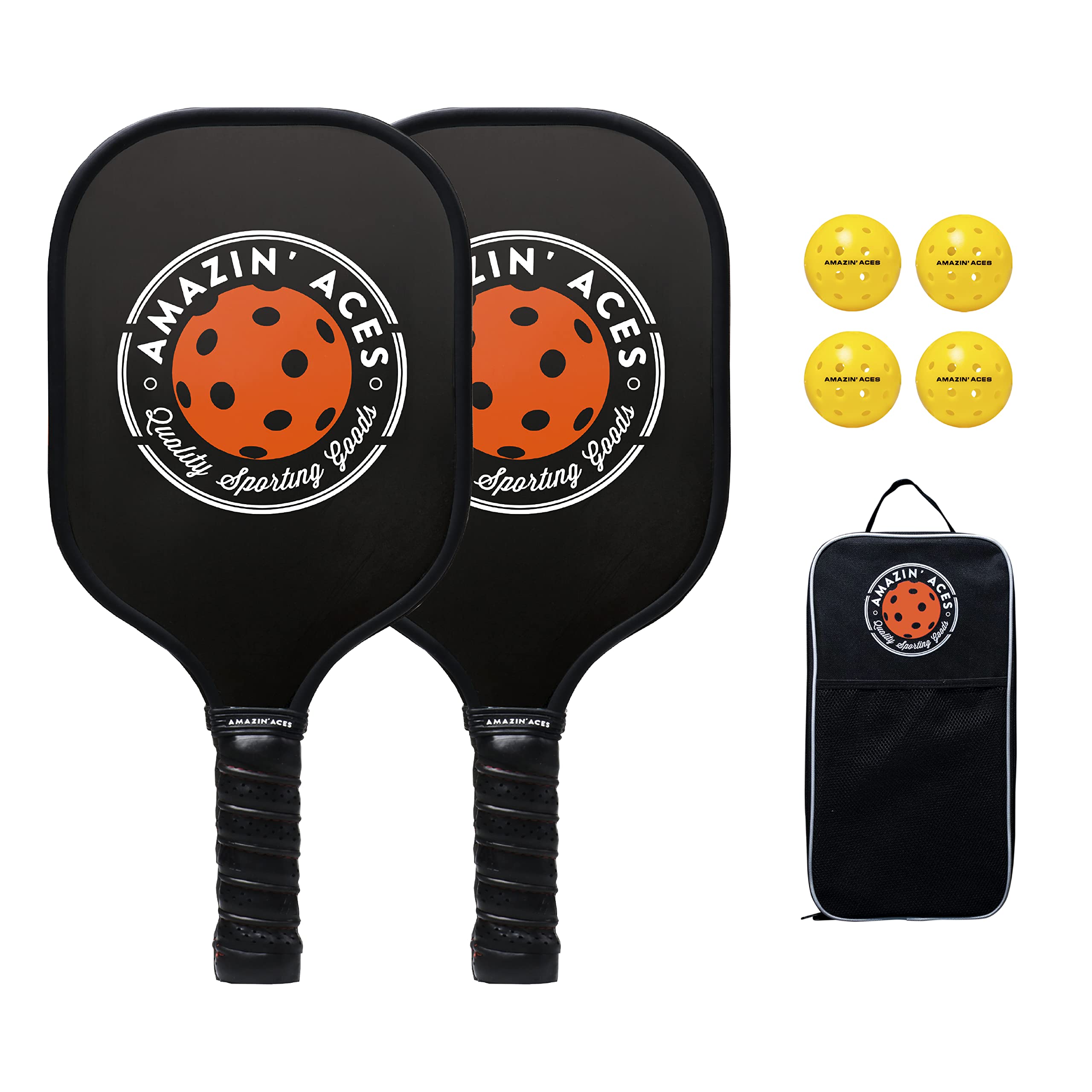 Amazin' Aces Pickleball Paddle Bundle | Set Includes Two Graphite Paddles + Four Balls | Rackets Feature Graphite Face with PP Honeycomb Core