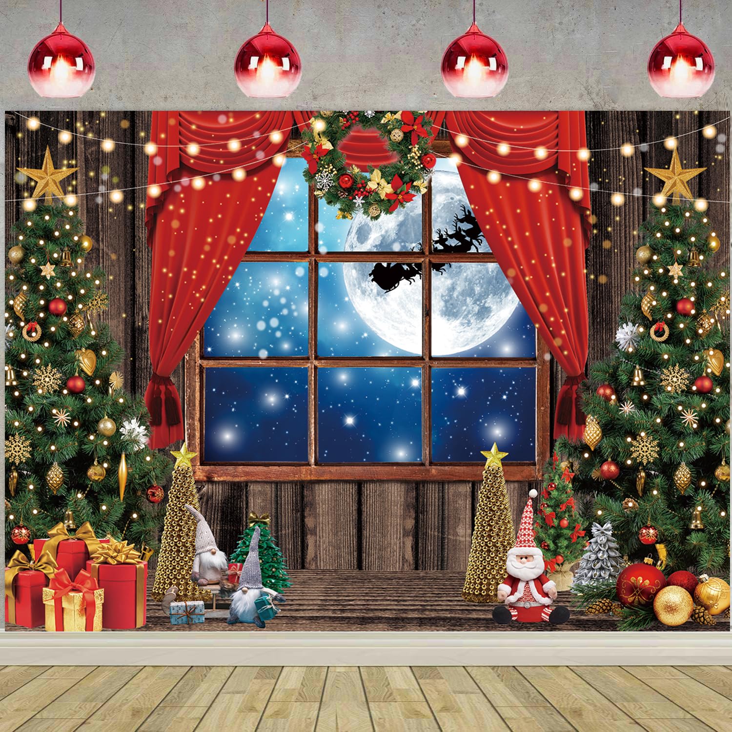 Christmas Window Photography Backdrop Xmas Tree Gift Rustic Wooden Full Moon Night Background Baby Kids Family Party Decoration Banner Photo Prop (10X8FT(300x240cm))