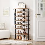 HOOBRO Tall Narrow Wooden Shoe Rack 8-Tier with 2 Hooks Rustic Brown view 2