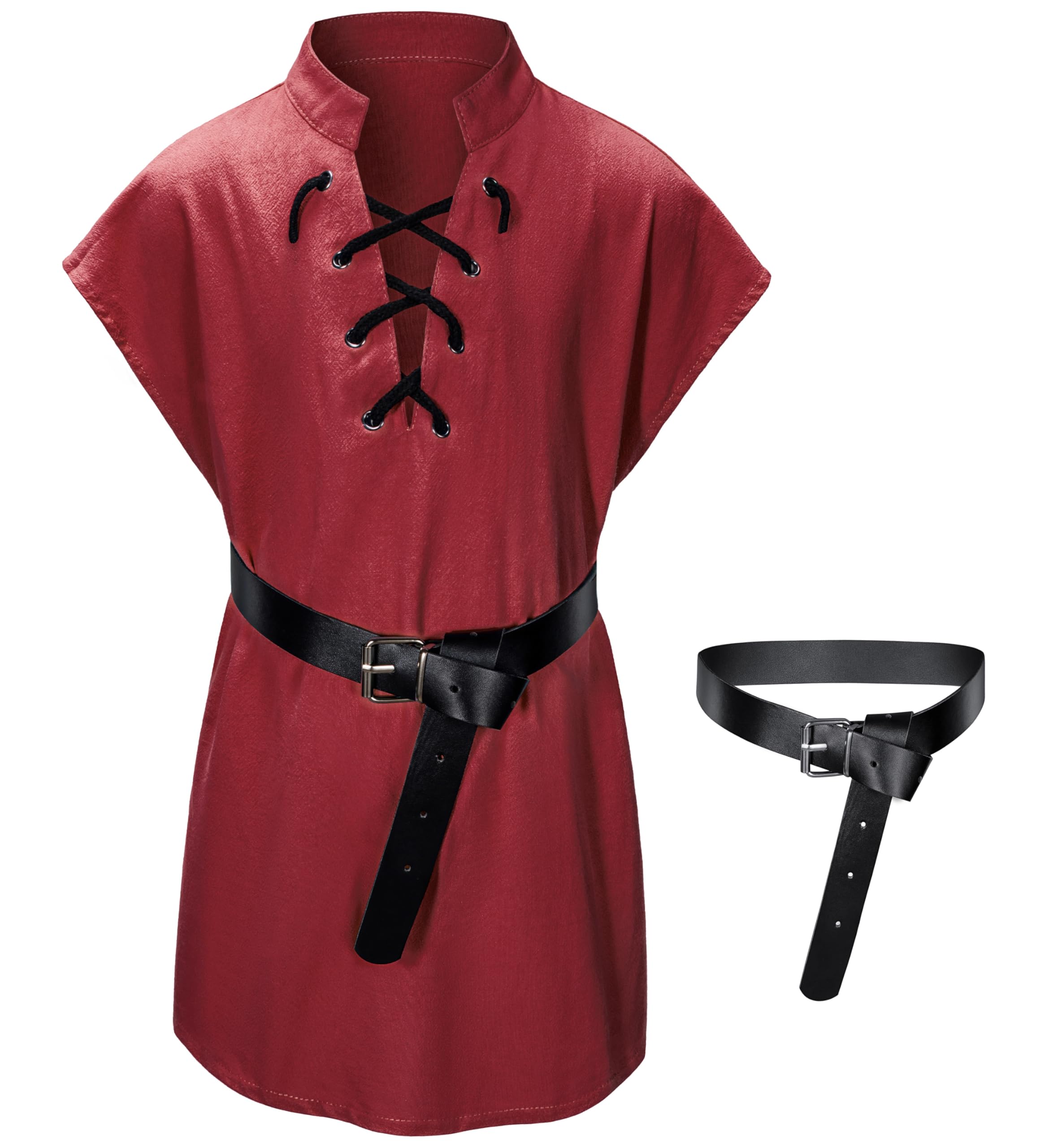 Kids Medieval Viking Tunic Pirate Renaissance Retro Costume Shirt witn Belt for Boys Halloween Cosplay 8-9 Years Red