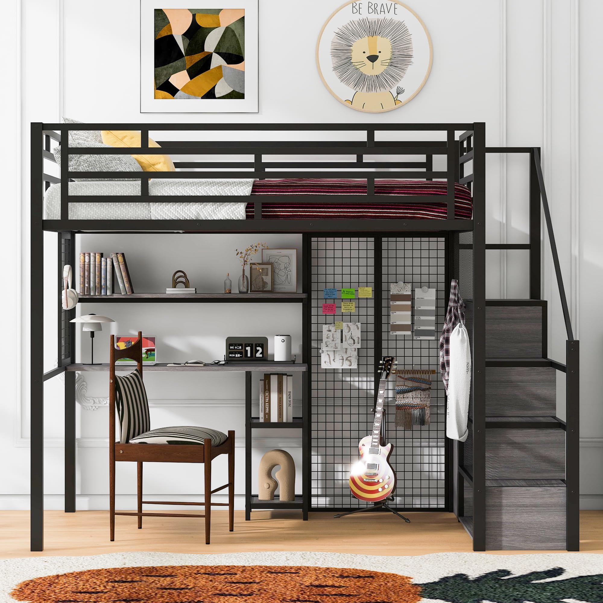 Photo 1 of ***INCOMPLETE***FAVSH Full Size Metal Loft Bed with Wardrobe and Desk, Heavy Duty Loftbed w/Storage Stairs + Shelves,Space-Saving, Noise Free, No Box Spring Needed,White