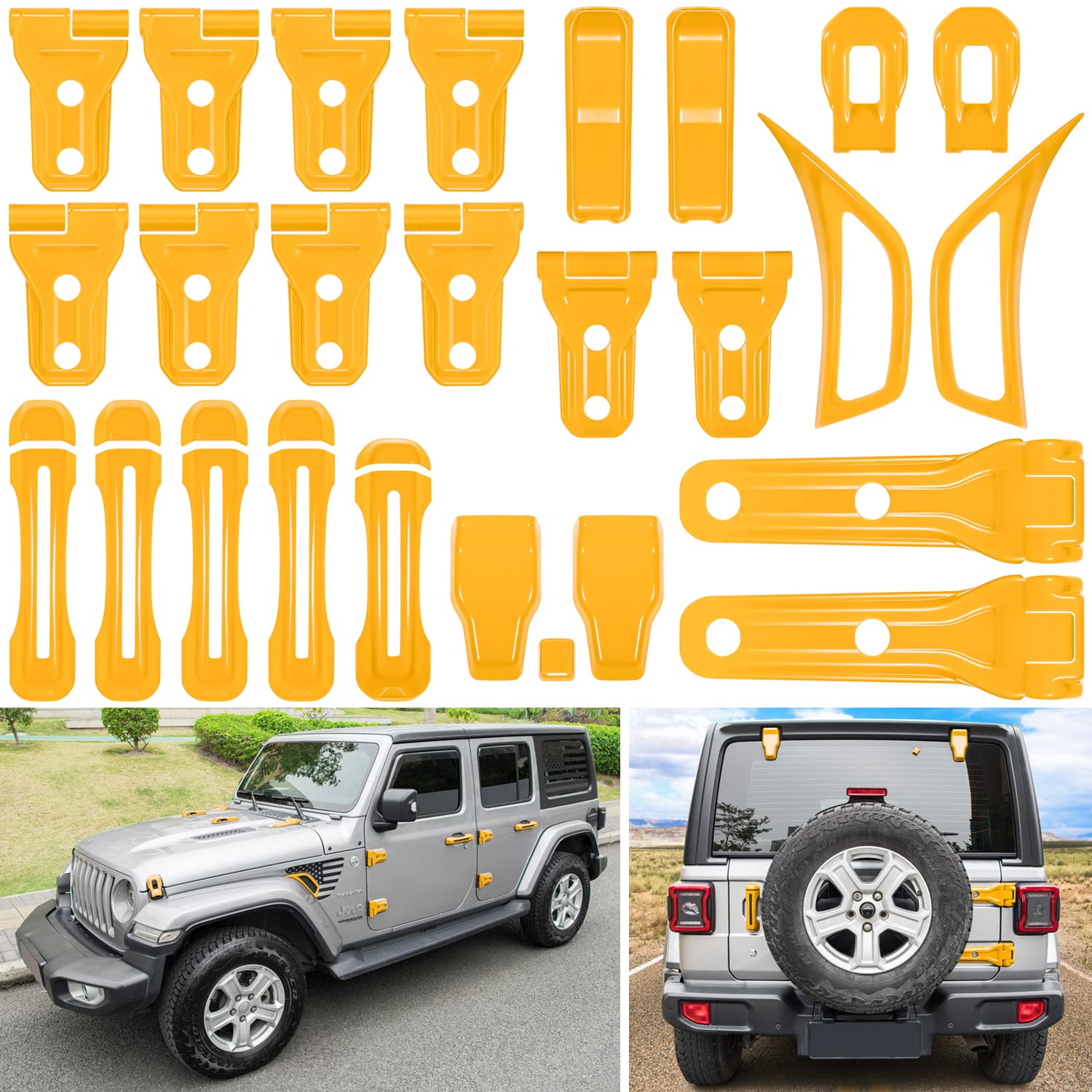 Photo 1 of 26PCS Full Set Exterior Decoration Trim Kit for Jeep Wrangler JL JLU 2018-2023 Door Hinge Handle Engine Hood Hinge Hood Latch Wheel Eyebrow Side Air Outlet Rear Tailgate Window Hinge Cover (Yellow)