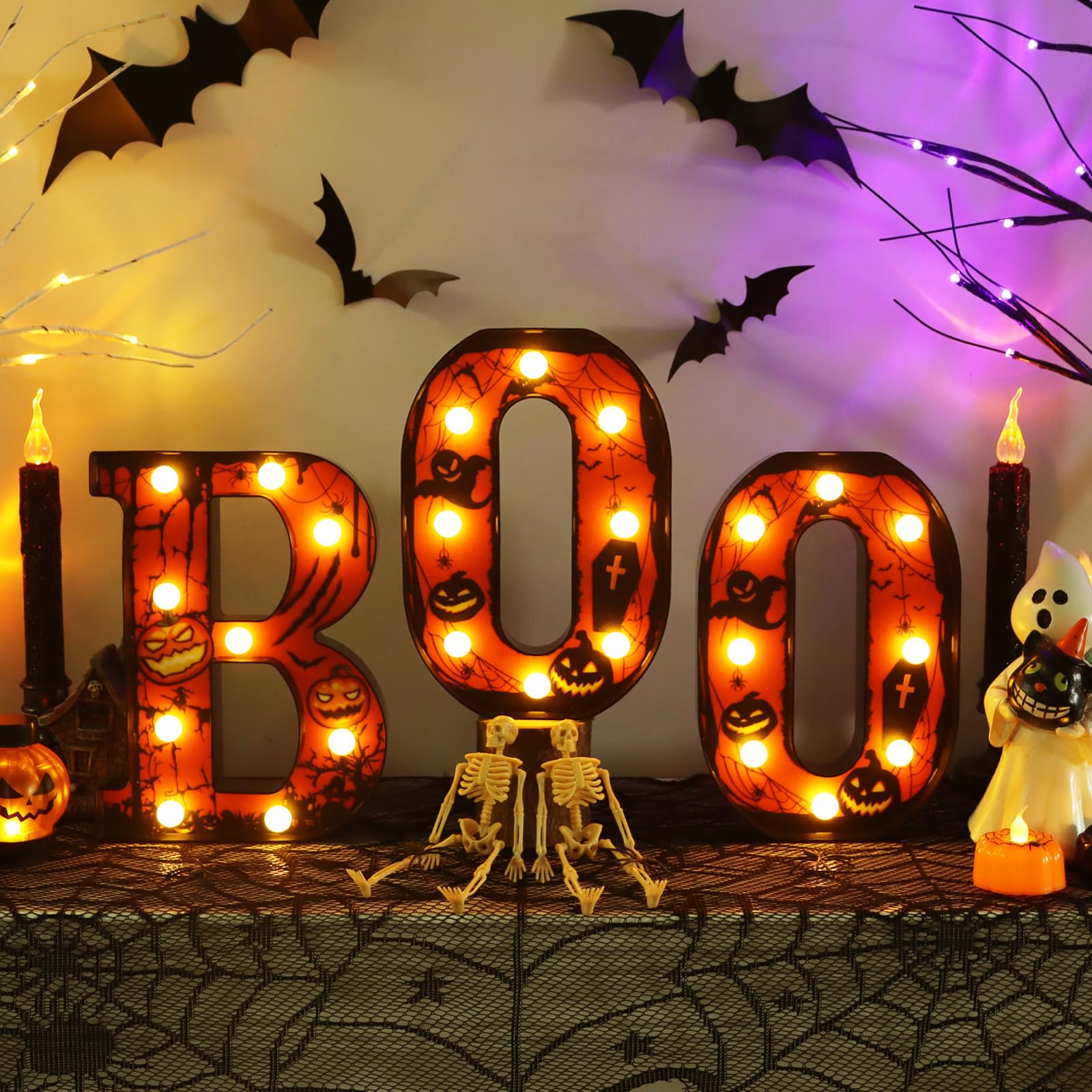 Photo 1 of Boo Sign Light Up Halloween Mantel Decor - 8.5 Inch Boo LED Marquee Letters Halloween Decorations Indoor - Battery Operated Lights for Kitchen Table Bedroom Living Room Home Wall Party Decor