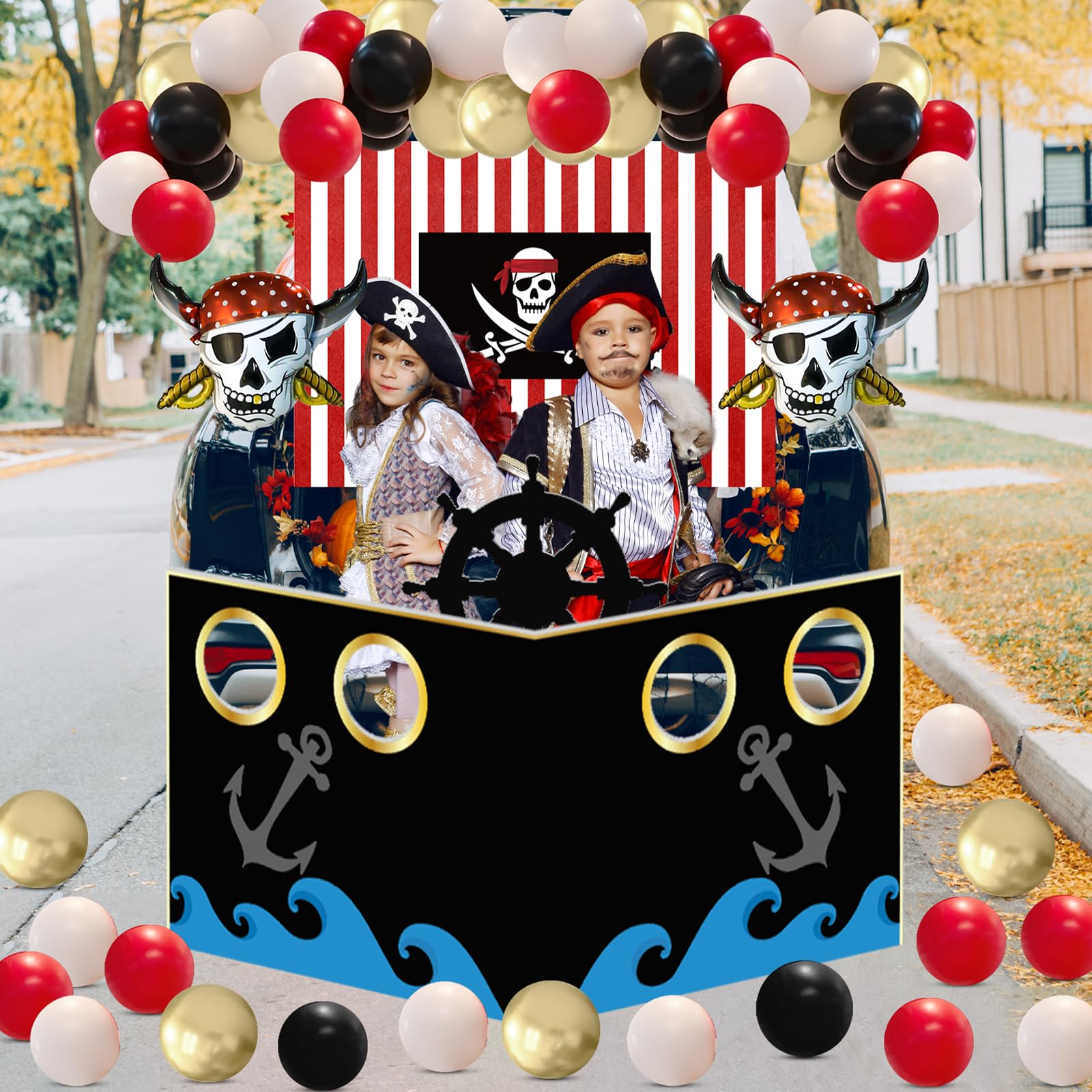 Photo 1 of 105 Pcs Pirate Ship Party Decorations Kit Include Background Cloth Ship Plank Steering Wheel Cardboard Balloon Photo Props Backdrop for Halloween Pirate Sea Sailing Theme Trunk or Treat Birthday Party