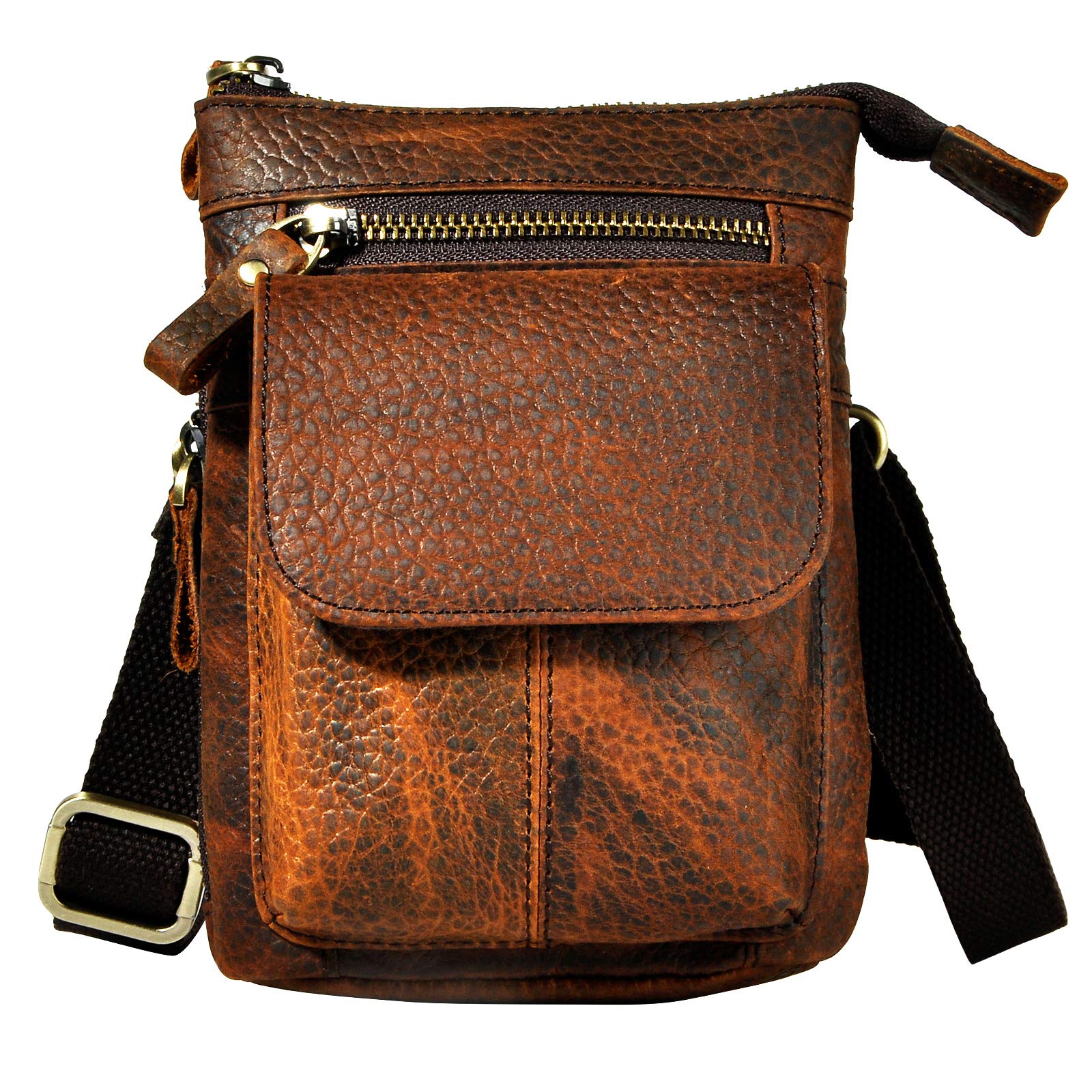 Le'aokuu Men Quality Leather Small Travel Outdoor Hip Bum Belt Waist Pack Satchel Messenger Bag Phone Pouch 611-18 (611-18 Dark Brown 2)