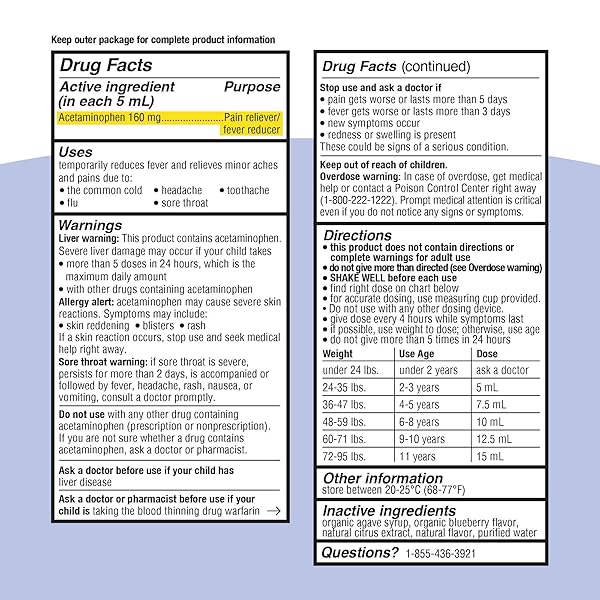 GENEXA KIDS’ ACETAMINOPHEN PAIN & FEVER ORAL SUSPENSION MEDICINE – 4OZ – FOR CHILDREN 2 – 11 YEARS OLD, TEMPORARILY RELIEVES PAIN AND FEVER SYMPTOMS, 160 MG PER 5 ML- ORGANIC BLUEBERRY FLAVOR