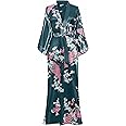 BABEYOND Women's Kimono Robe Long Satin Robes with Peacock and Blossoms Printed Kimono Nightgown