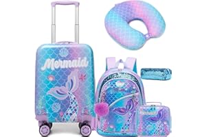 Inprof Cute Mermaid Kid’s Luggage Set 5 Piece Suitcase Set 16’’ Hardside Luggage with Spinner Wheels Girls Travel Rolling Luggage Carry on Luggage Airline Approved